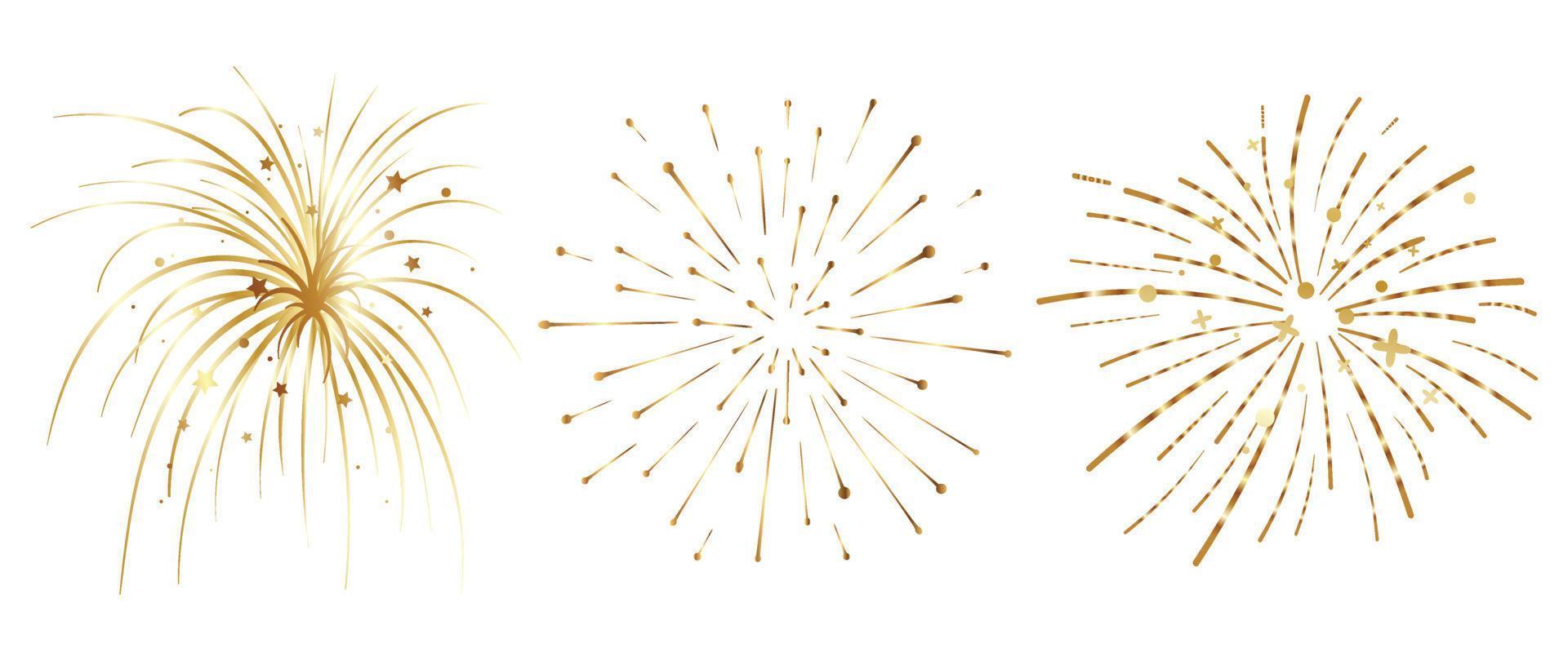 Set of new year festive firework vector illustration. Collection of gradient gold fireworks on white background. Art design suitable for decoration, print, poster, banner, wallpaper, card, cover.