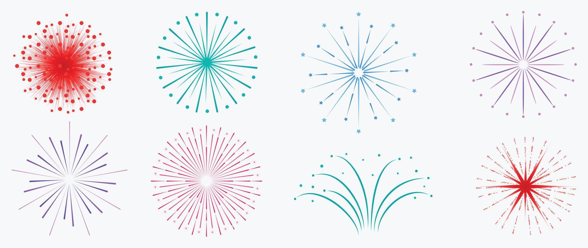 Set of new year festive firework vector illustration. Collection of vibrant colorful fireworks on white background. Art design suitable for decoration, print, poster, banner, wallpaper, card, cover.