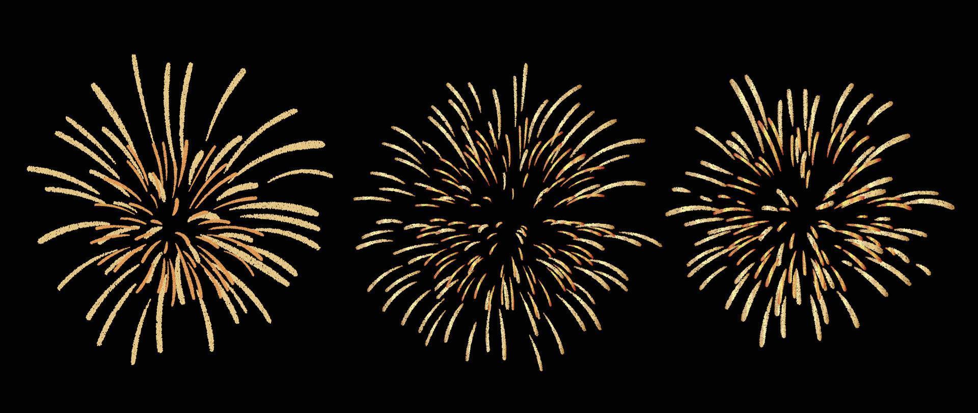 Set of new year firework vector illustration. Realistic collection of bright glow fireworks on black background. Art design suitable for decoration, print, poster, banner, wallpaper, card, cover.