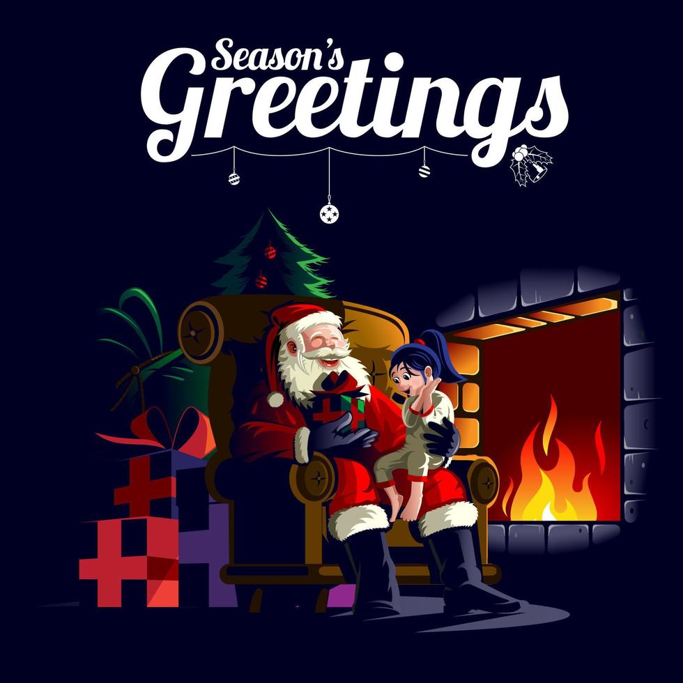 Santa Claus sits on chair giving gift vector