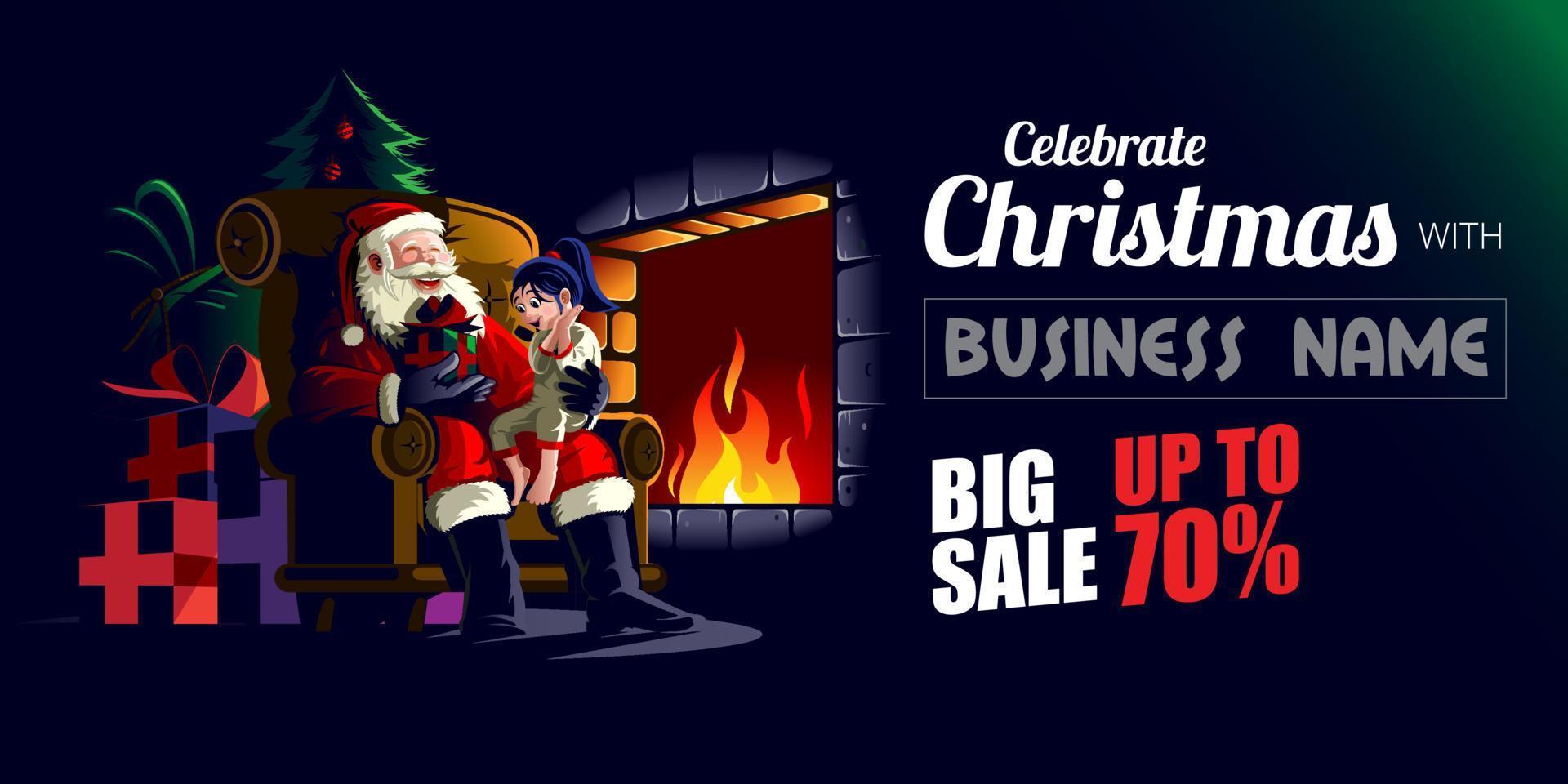 Santa Claus sits on chair giving gift banner version vector