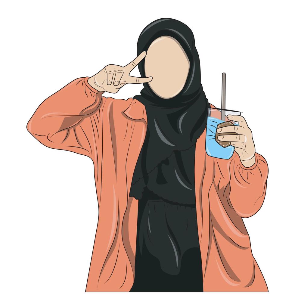 ilustración vectorial de una mujer musulmana que usa un hiyab al estilo de la paz mientras lleva un vaso de bebida vector