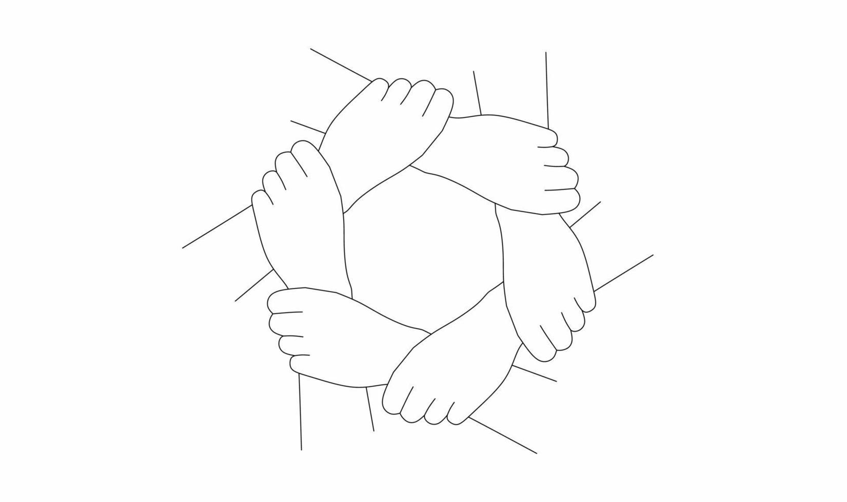 outline six hands hold together icon set isolated on white background. Symbol of team work, support, charity organization and donation community vector