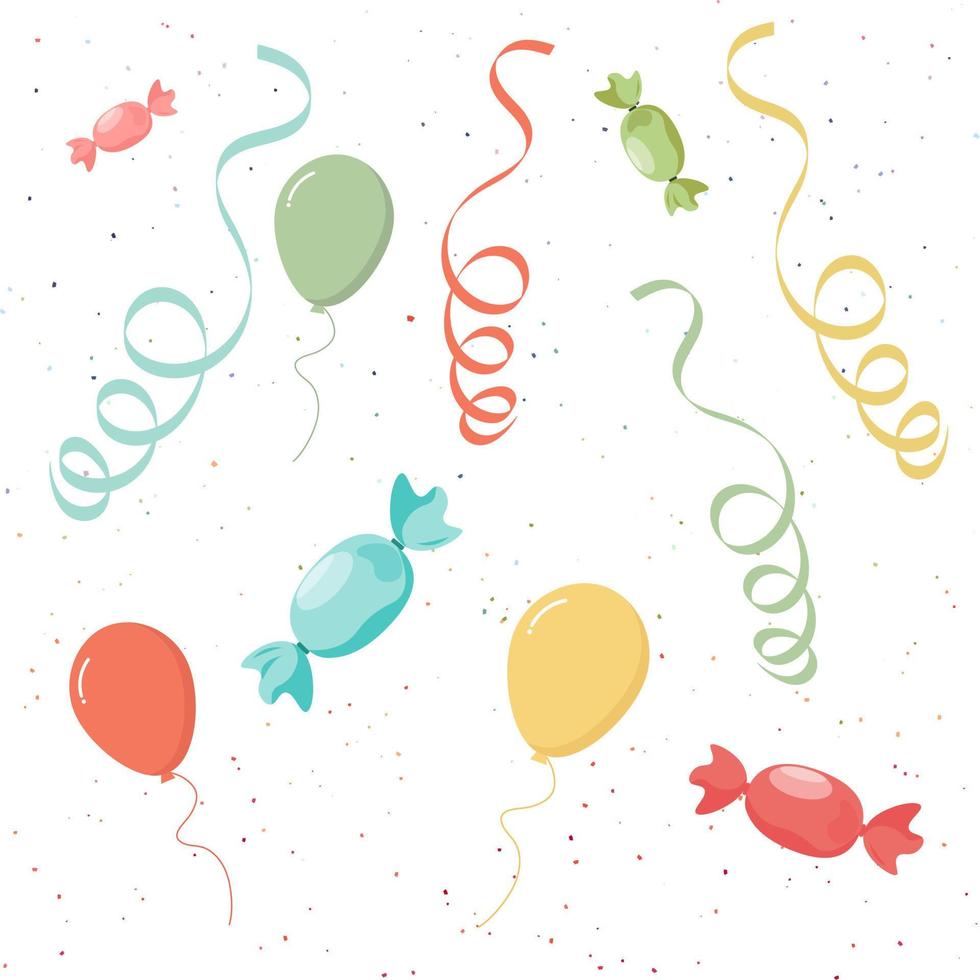 fondo con globos y confeti y dulces. vector profesional.