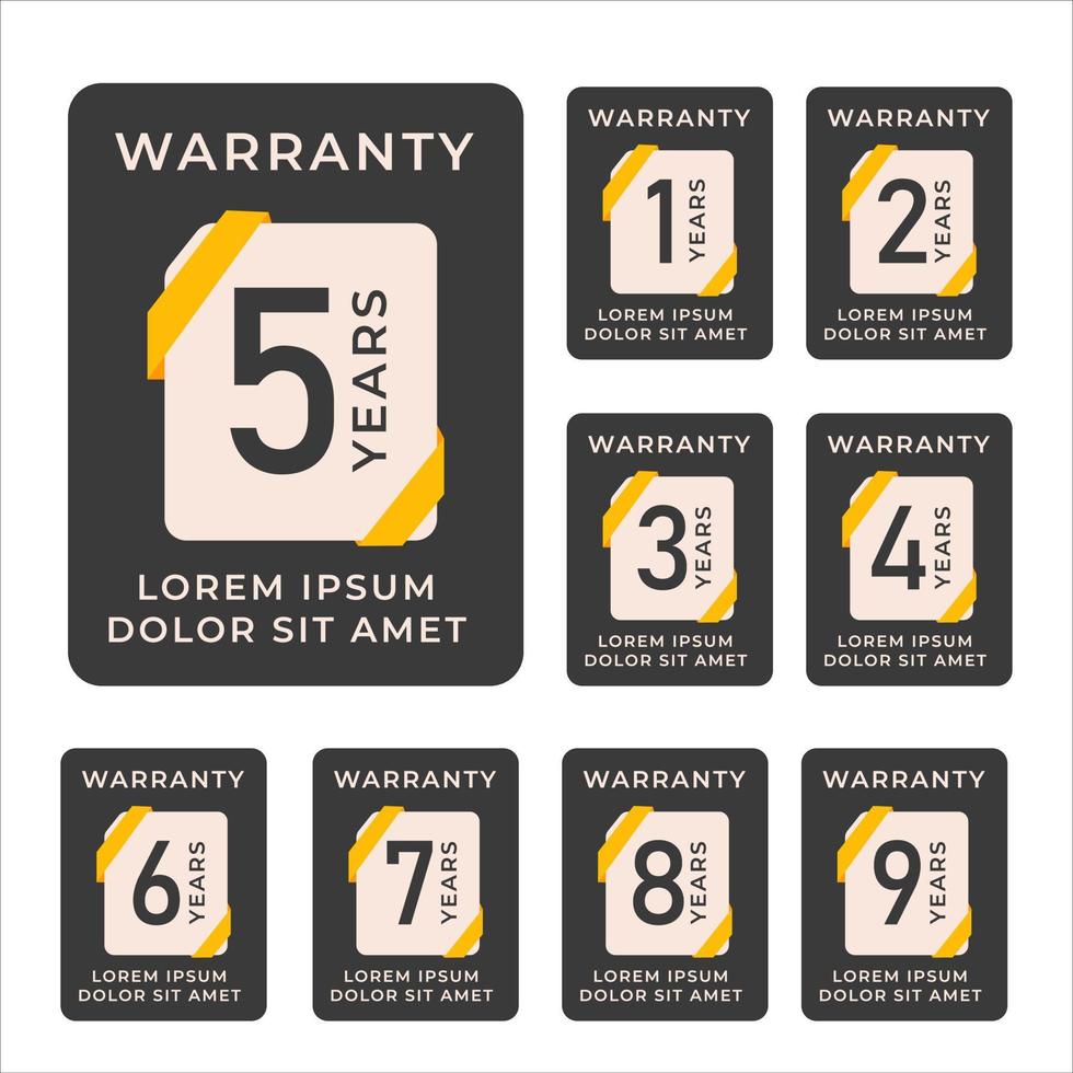 Warranty label for box packaging. five year warranty, one year warranty, 3 year. Guarantee service icon template vector