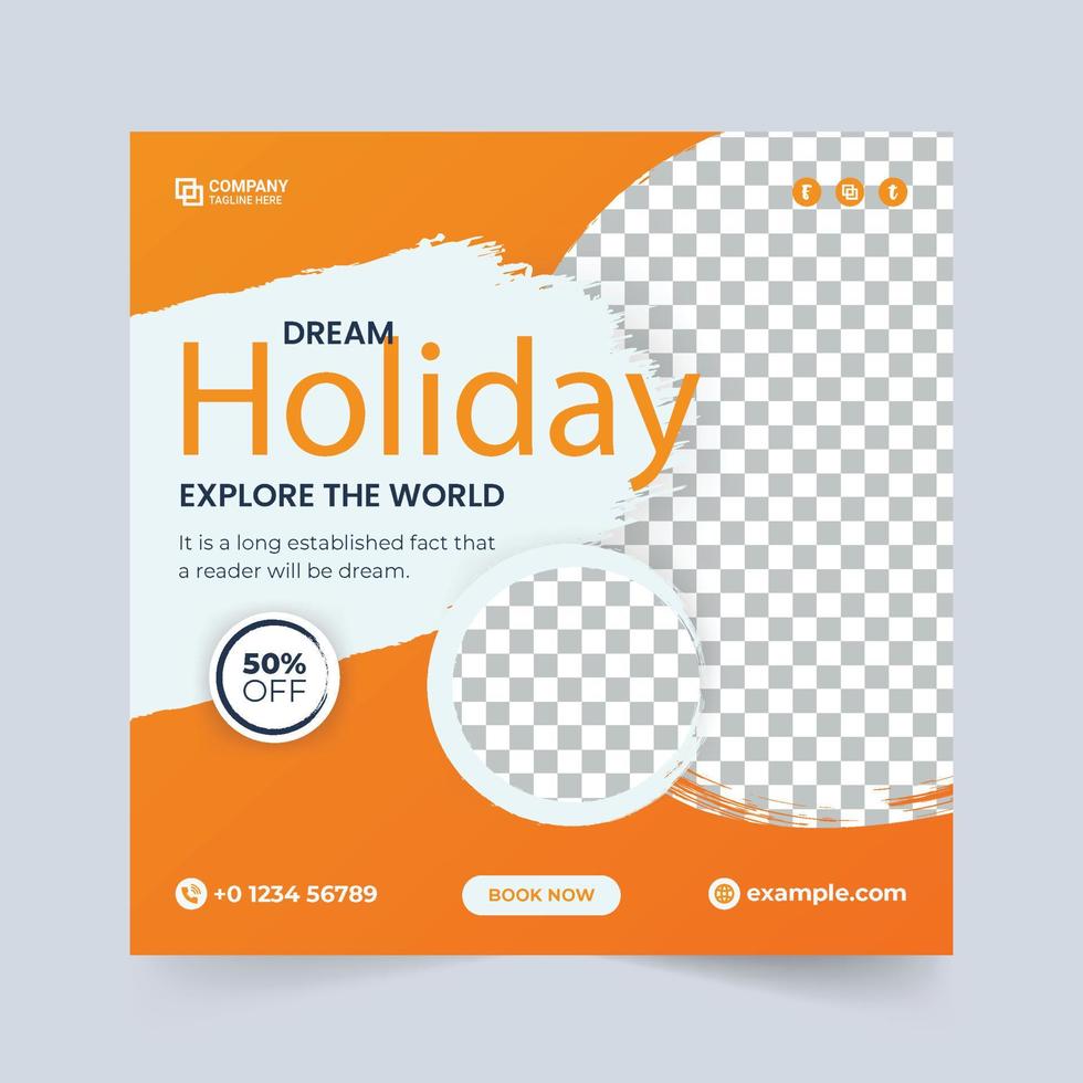 Travel agency social media post design with discount offer. Tour and travel banner vector with blue and yellow color. Touring business flyer template design. Travel social media post vector.