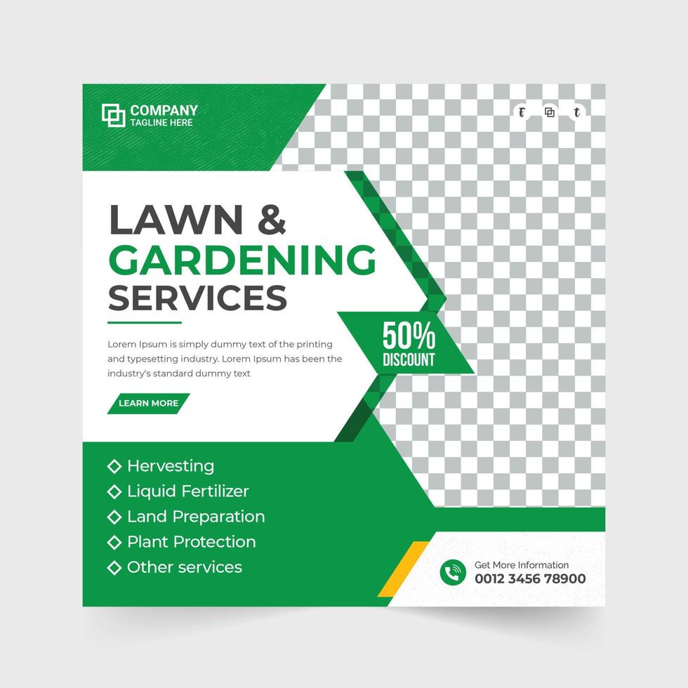 Lawn and gardening service template. Gardening service banner. Garden and farming service social media post. Agro farm template. Organic farm flyer. Farming banner. Lawn mowing farm service. vector