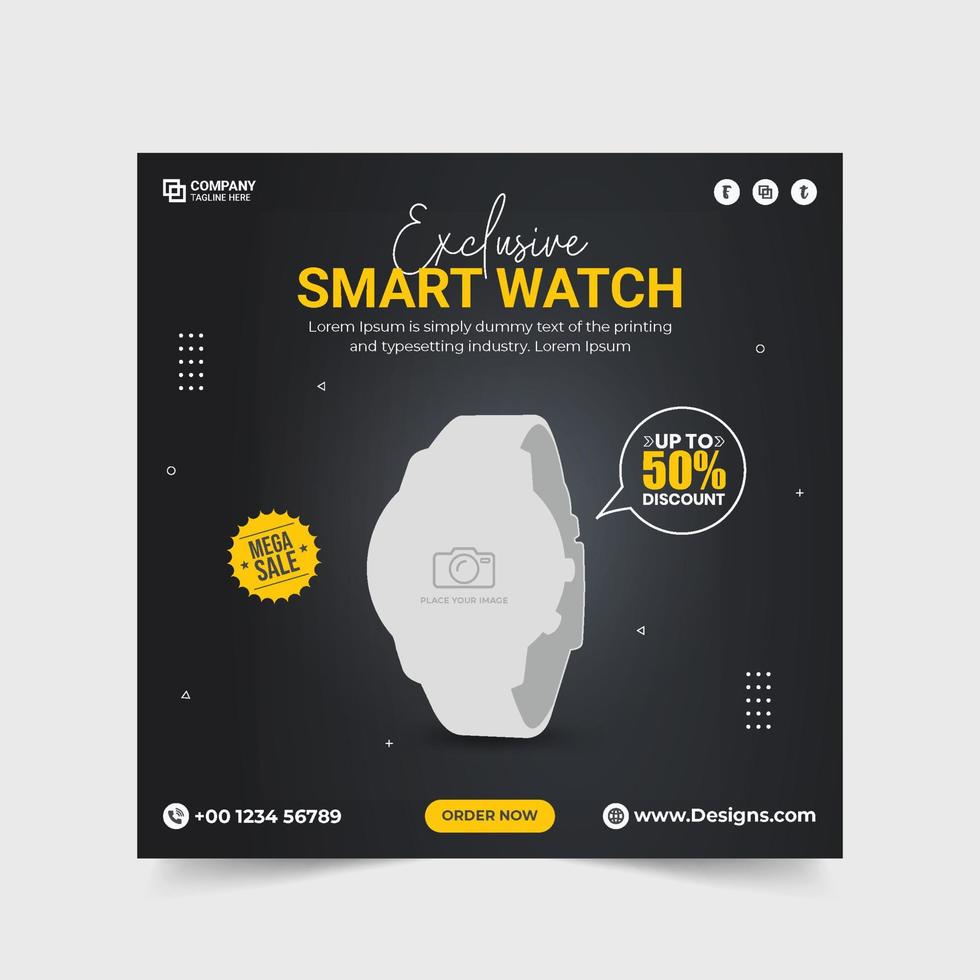 Smartwatch product post. Smartwatch promotional sale banner. Exclusive smartwatch advertising template. Gadget product advertising banner. Wristwatch product sale and promotional social media post. vector