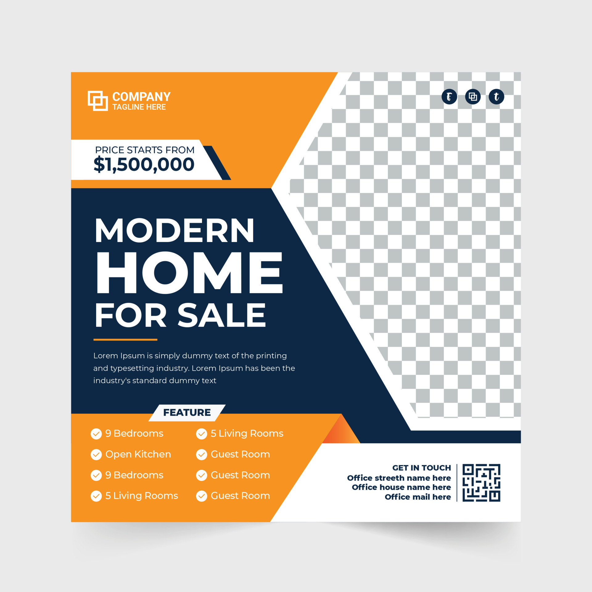 Real estate home sale social media post. Modern home for sale banner