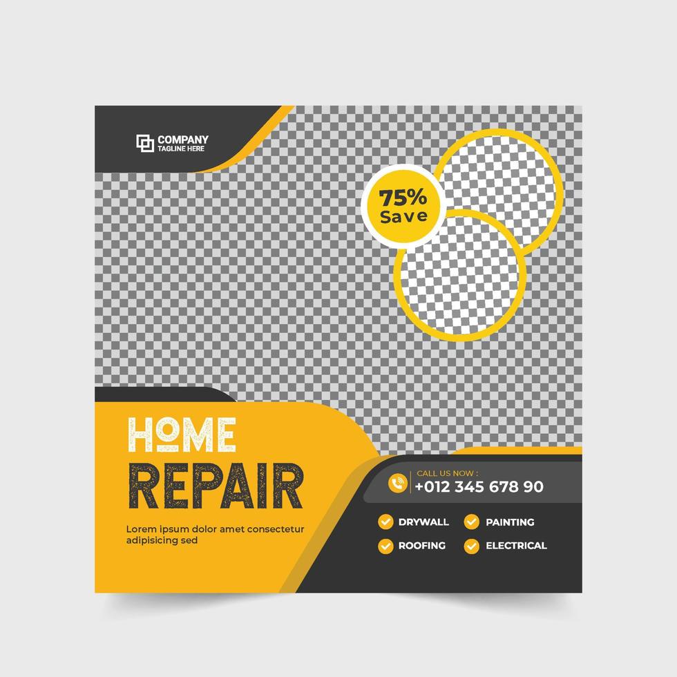 Home repair and construction service social media post. Handyman service banner. Modern homemaking and home improvement banner template. Housing improvement and construction service flyer. vector