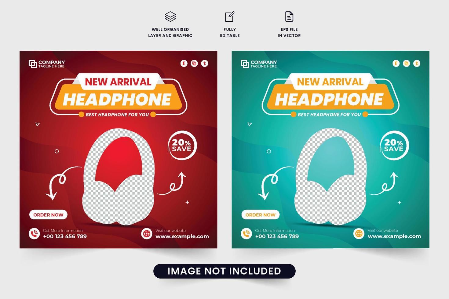 New arrival headphone brand promotion template with discount offer section. Modern headphone social media post vector with red and aqua colors. Special headphone sale web banner design for marketing.