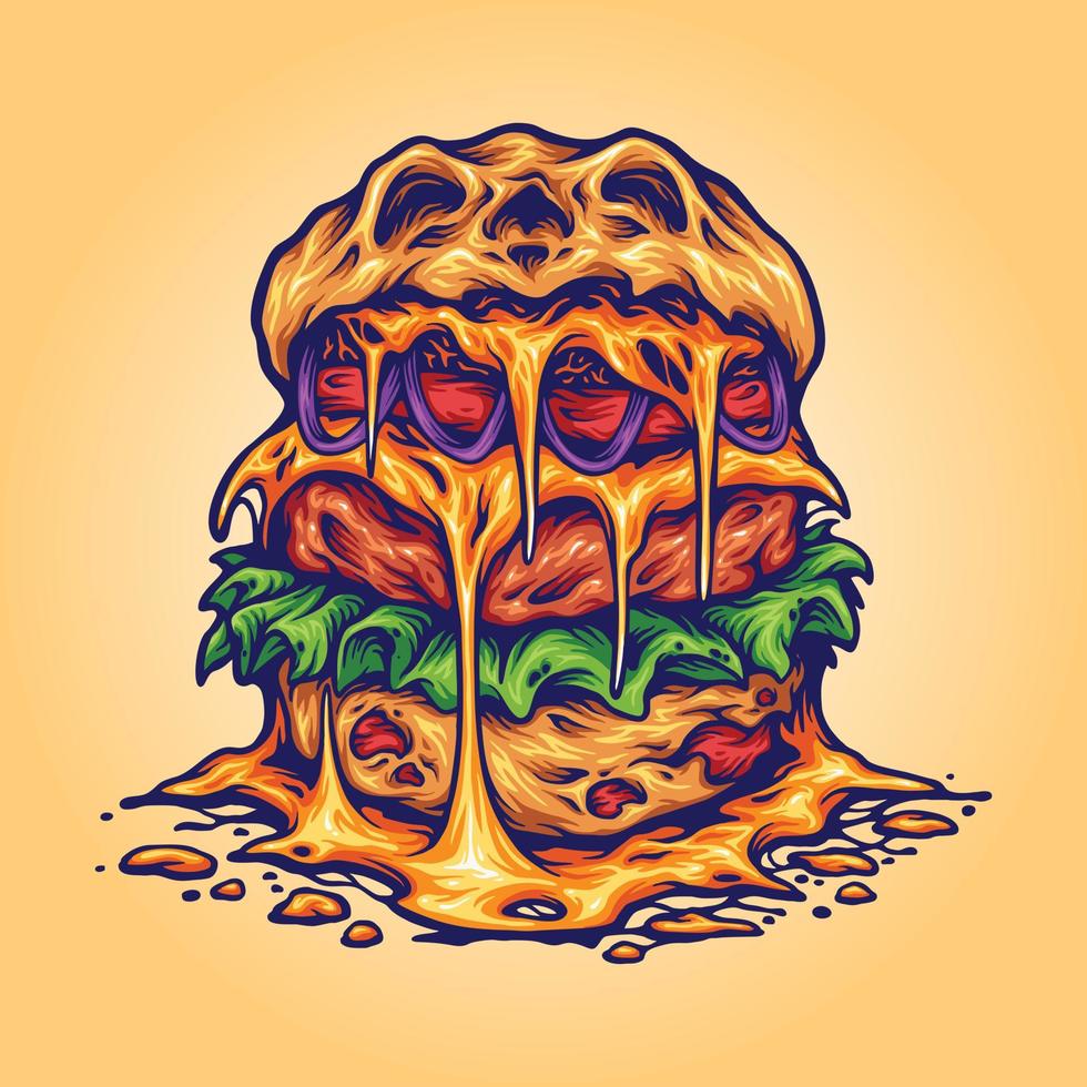 deliciosa ilustración de hamburguesa de monstruo aterrador vector