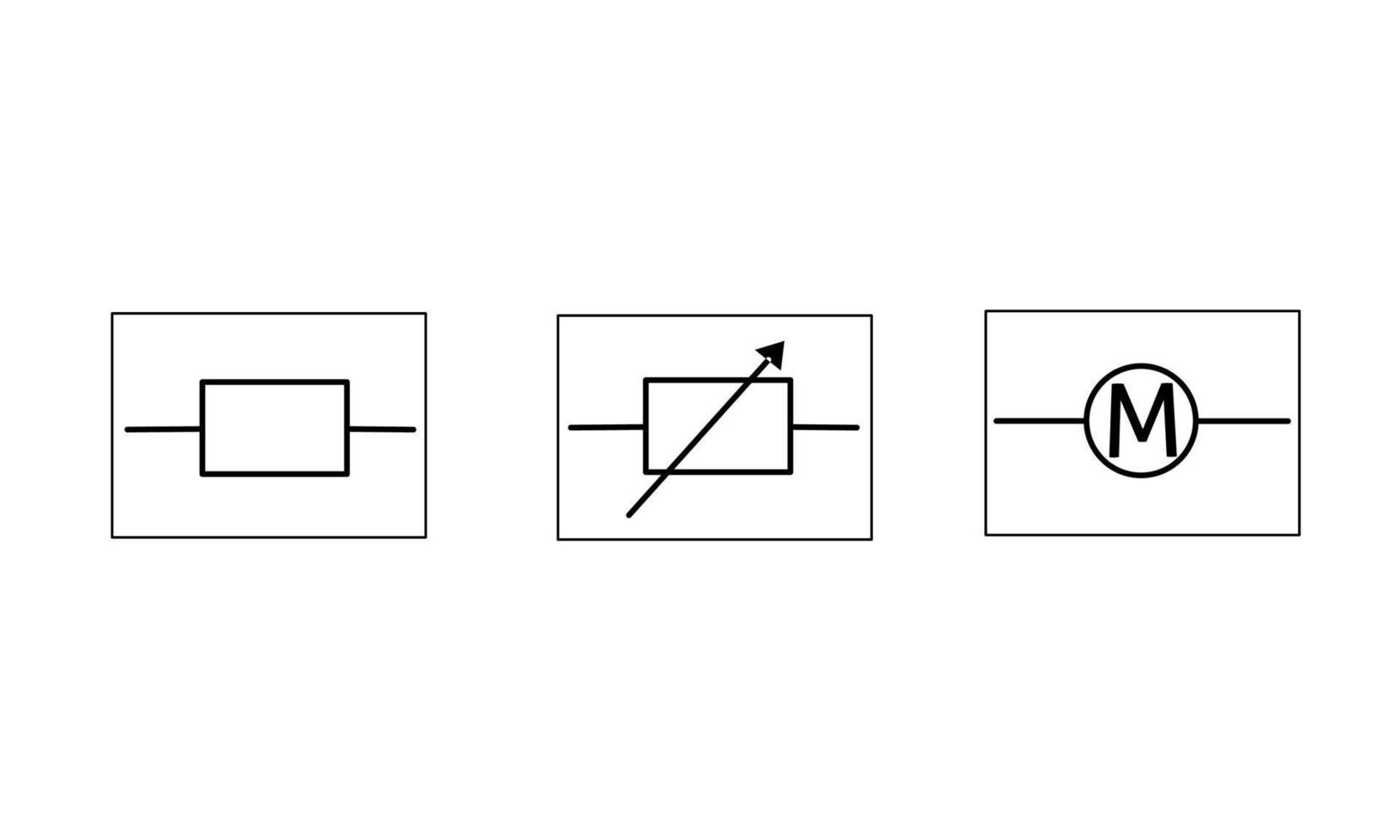 vector set of symbols, electrical symbols or their circuits with square frames. For electronic circuit label, electrical icon or symbol, isolated on white background