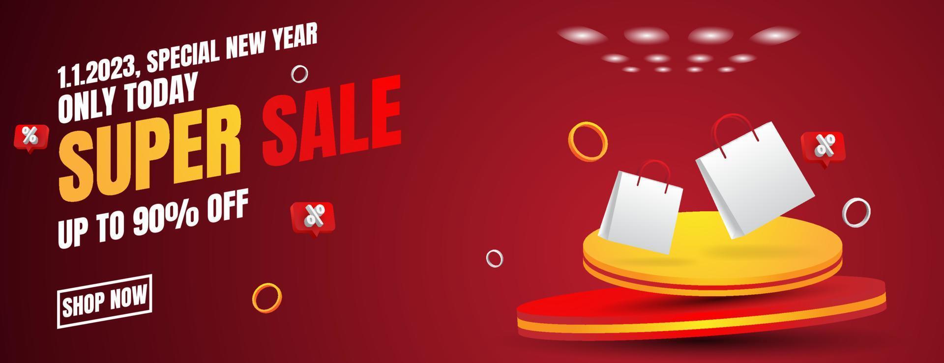 New Year 2023 Sale banner with 3d podium and shopping bag in red, white and orange color vector