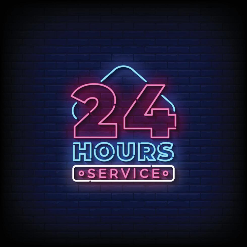 Neon Sign 24 hours service with brick wall background vector