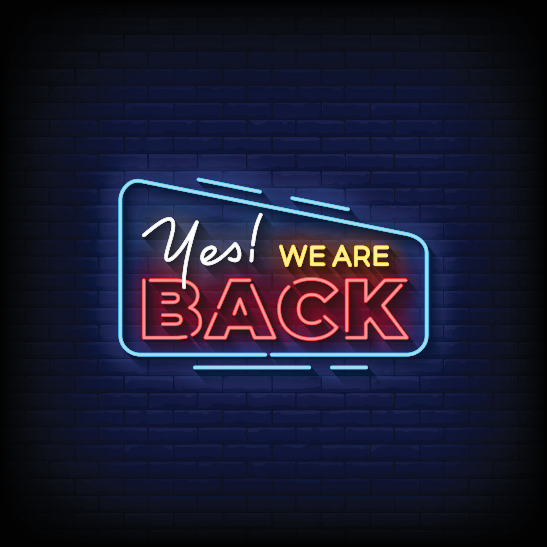 Neon Sign yes we are back with brick wall background vector 14029937 Vector  Art at Vecteezy