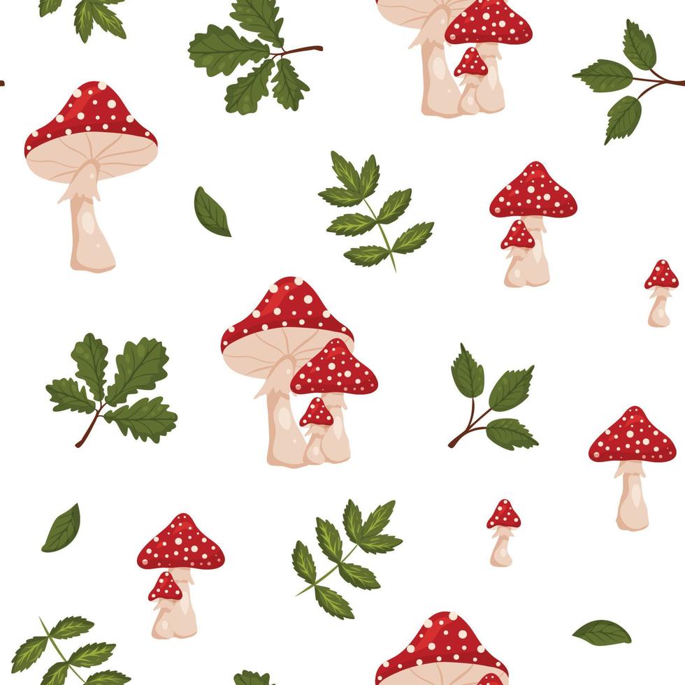 Seamless pattern of fly agarics and green leaves white background. vector
