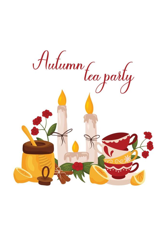 Autumn tea party postcard with candles, honey and lemon vector
