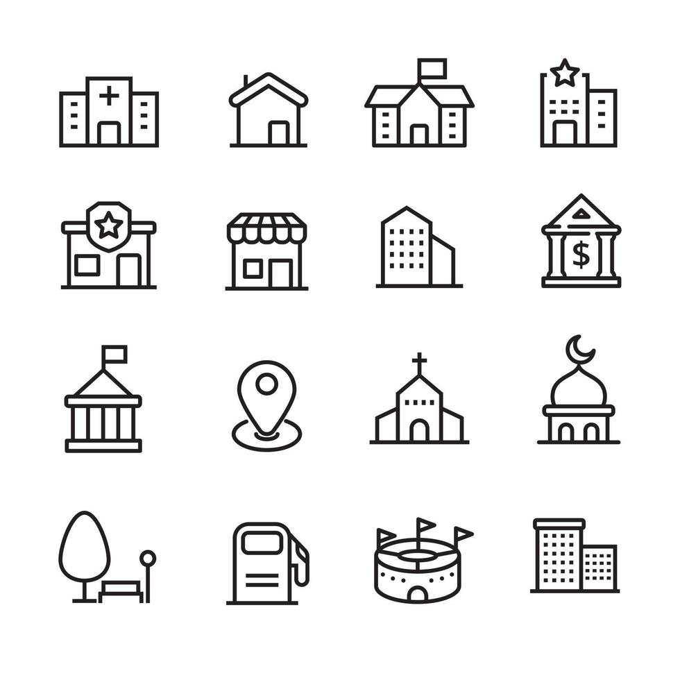 Set of buildings and places icon with linear style isolated on white background vector