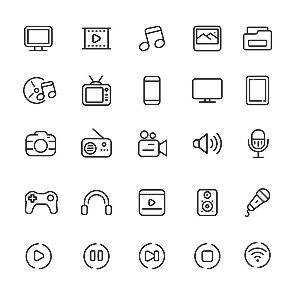 conjunto de iconos multimedia con estilo lineal aislado sobre fondo blanco vector