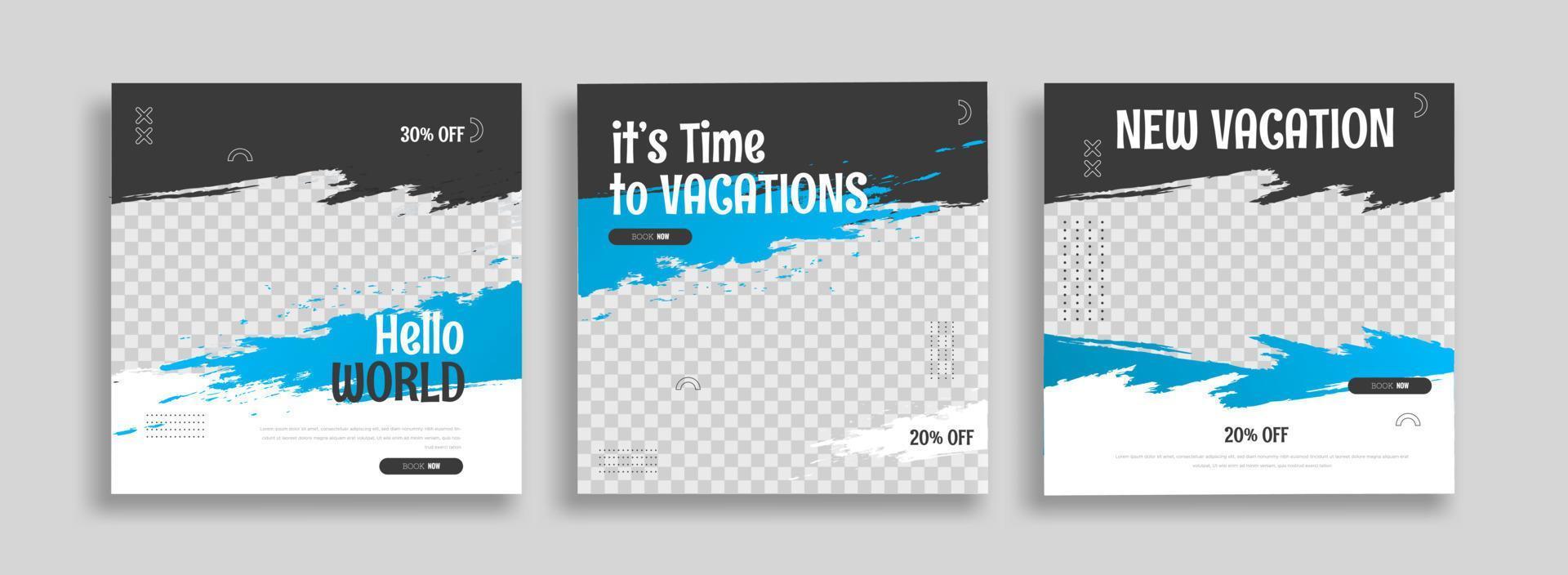 viajes de vacaciones, viajes o viajes de playa de verano publicación en redes sociales o diseño de plantilla de banner web. Folleto o afiche de marketing empresarial turístico con fondo digital abstracto, logotipo e icono. vector