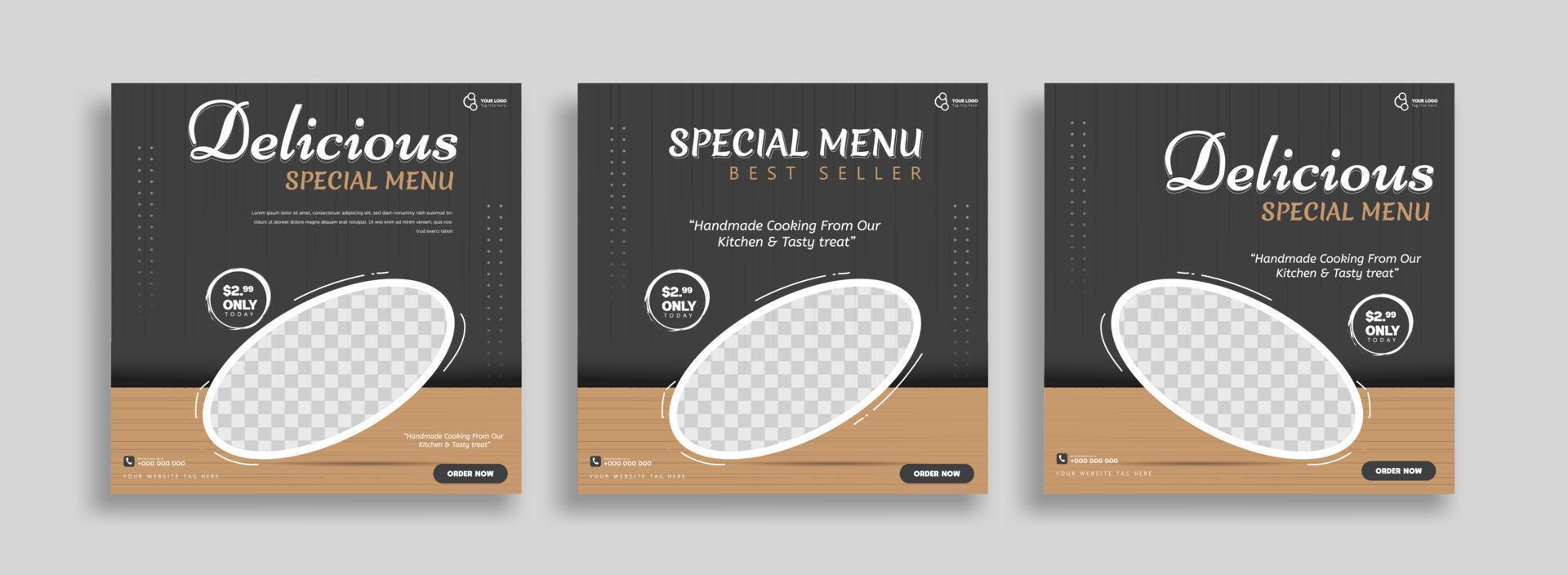 conjunto de paquetes de plantilla de banner de publicación de redes sociales creativas de menú de comida. uso fácil para promociones de su producto con fondo negro y marrón. vector