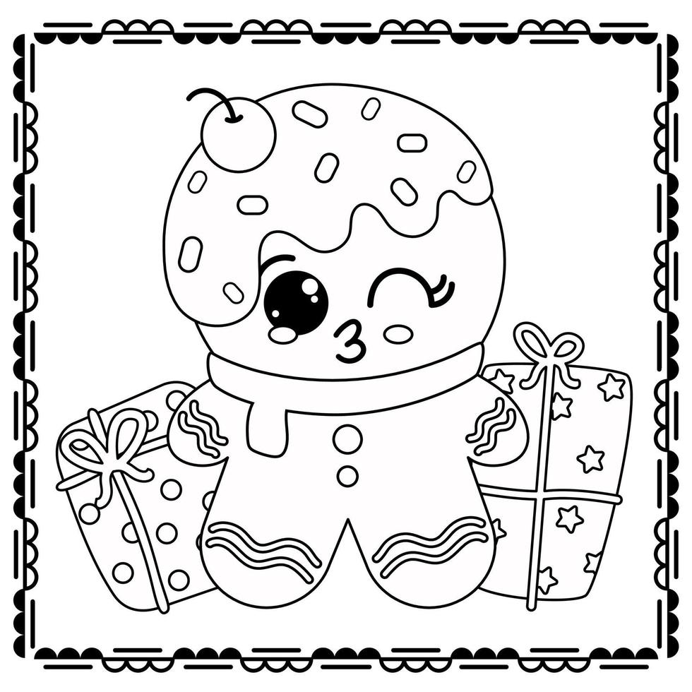 página para colorear de un lindo pan de jengibre de dibujos animados con regalos de navidad. vector