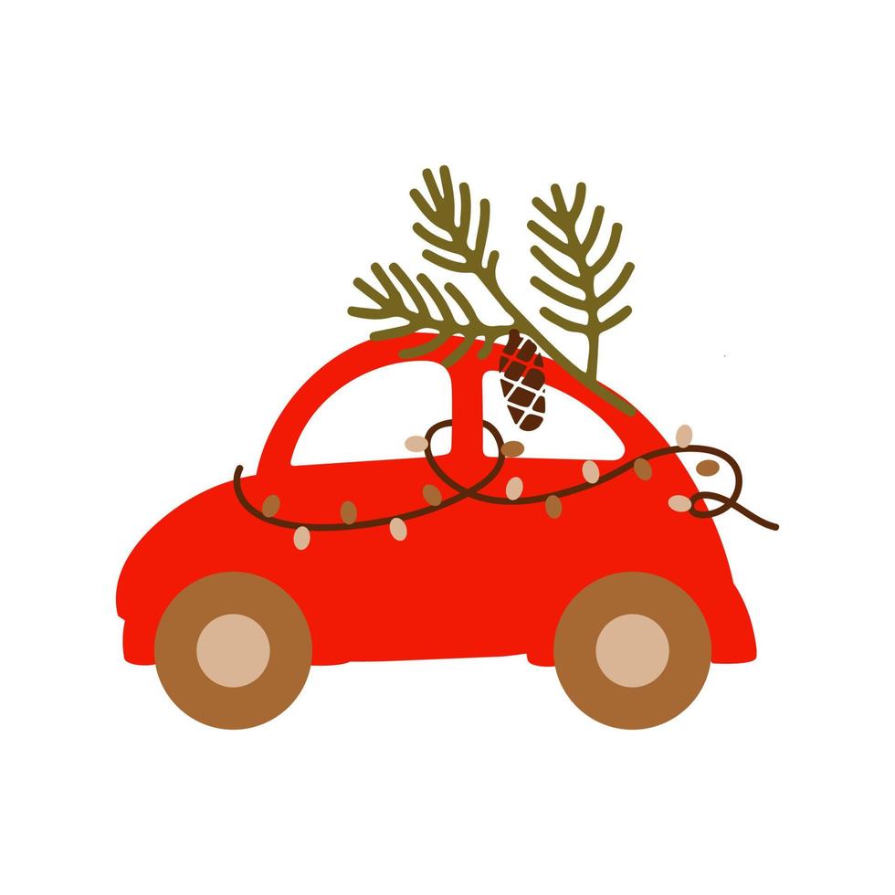 Red car with christmas tree. Vector illustration in flat style