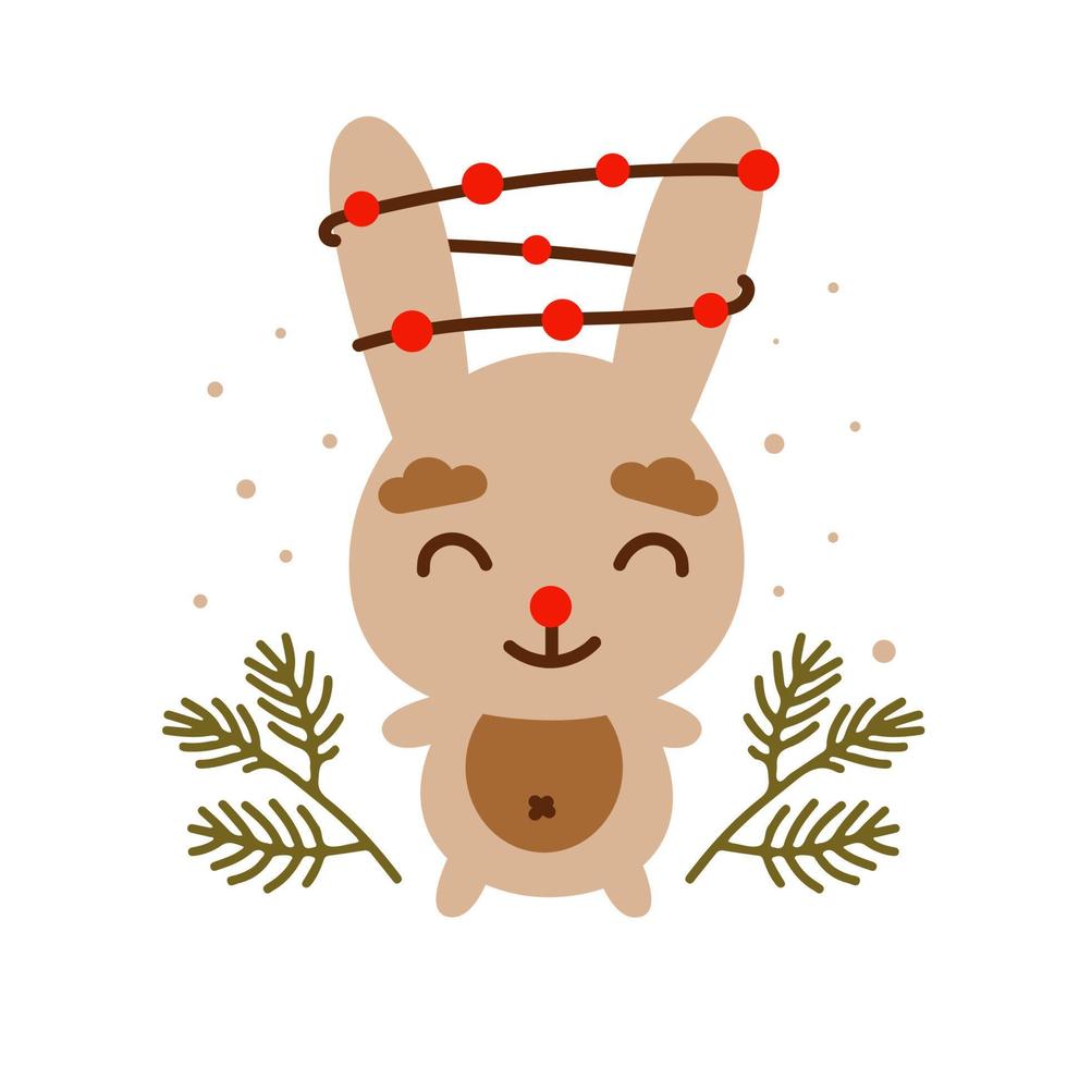 Christmas illustration with cute rabbit, garland and Christmas tree branches. New year 2023. vector