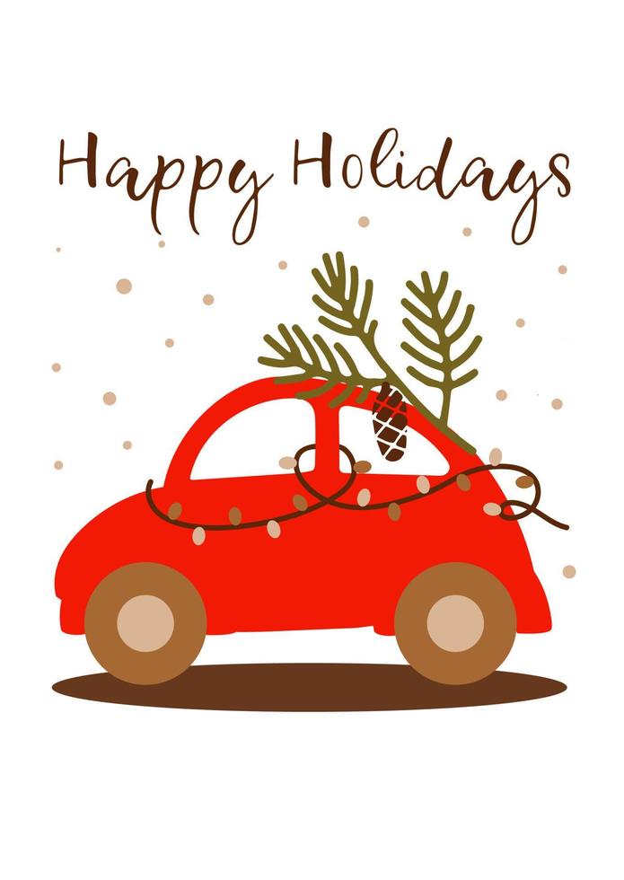 Vector postcard red car with Christmas tree