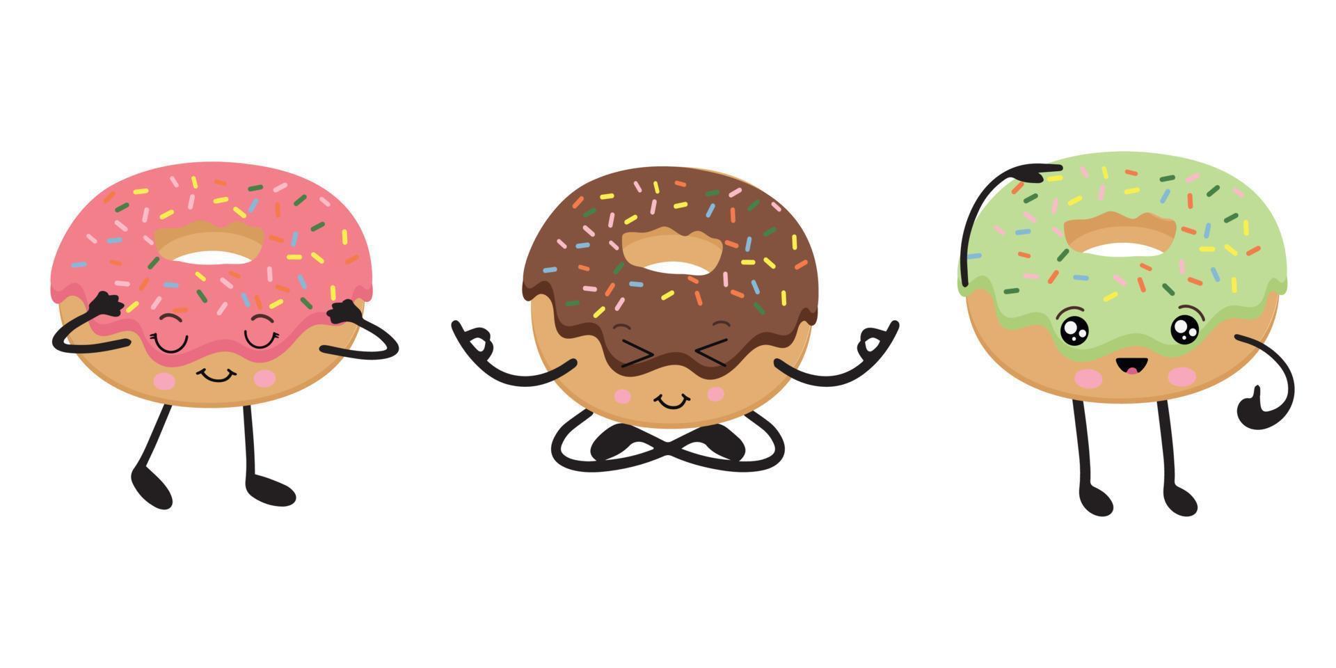 un conjunto de rosquillas brillantes con lindos emoticonos. ilustración vectorial de postres. colección de pasteles dulces. vector