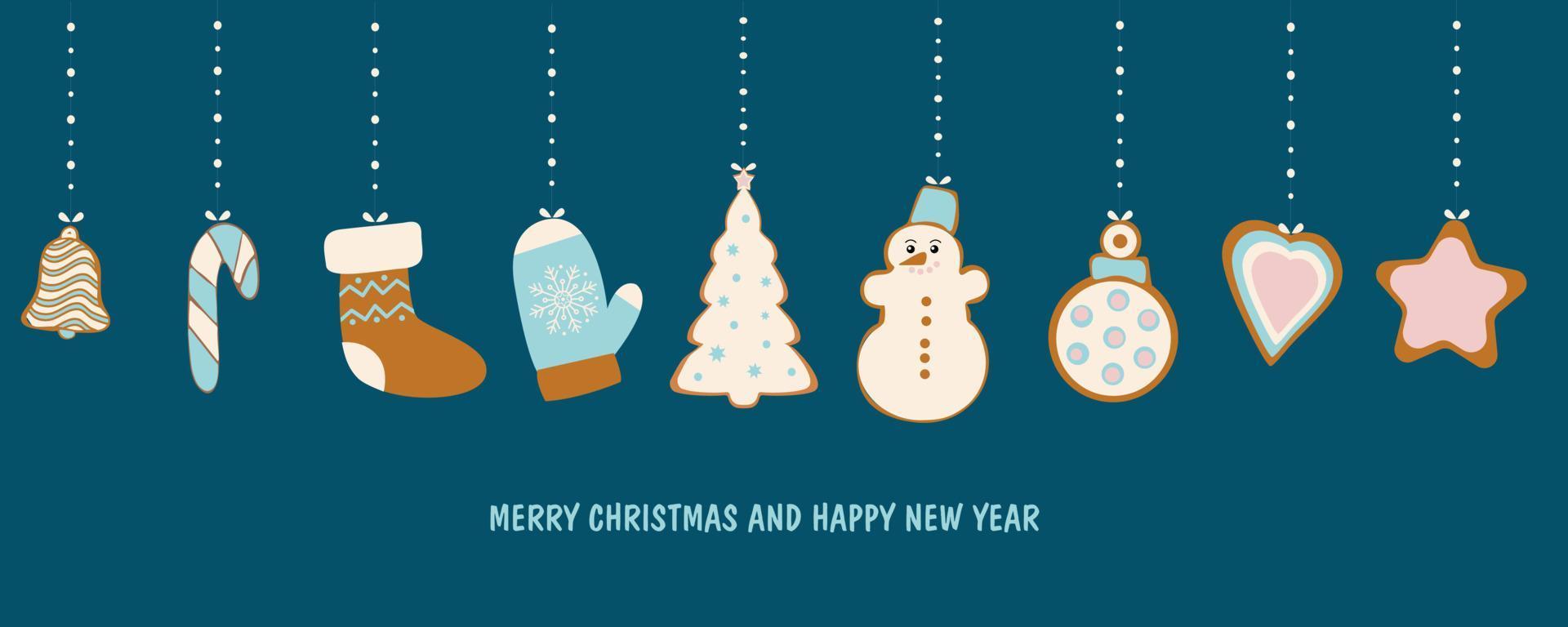 Hanging Christmas tree toys in the form of ginger cookies. Happy New Year and Christmas. Vector illustration isolated on a blue background.