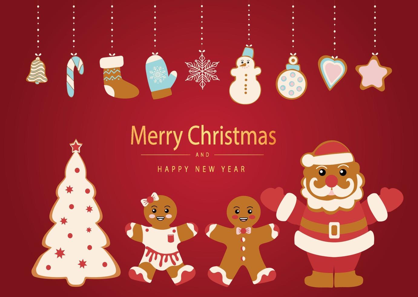 Postcard Merry Christmas. Gingerbread cookies in the form of a snowman, Santa, Christmas tree and gingerbread men. Celebration of New Year and Christmas. vector