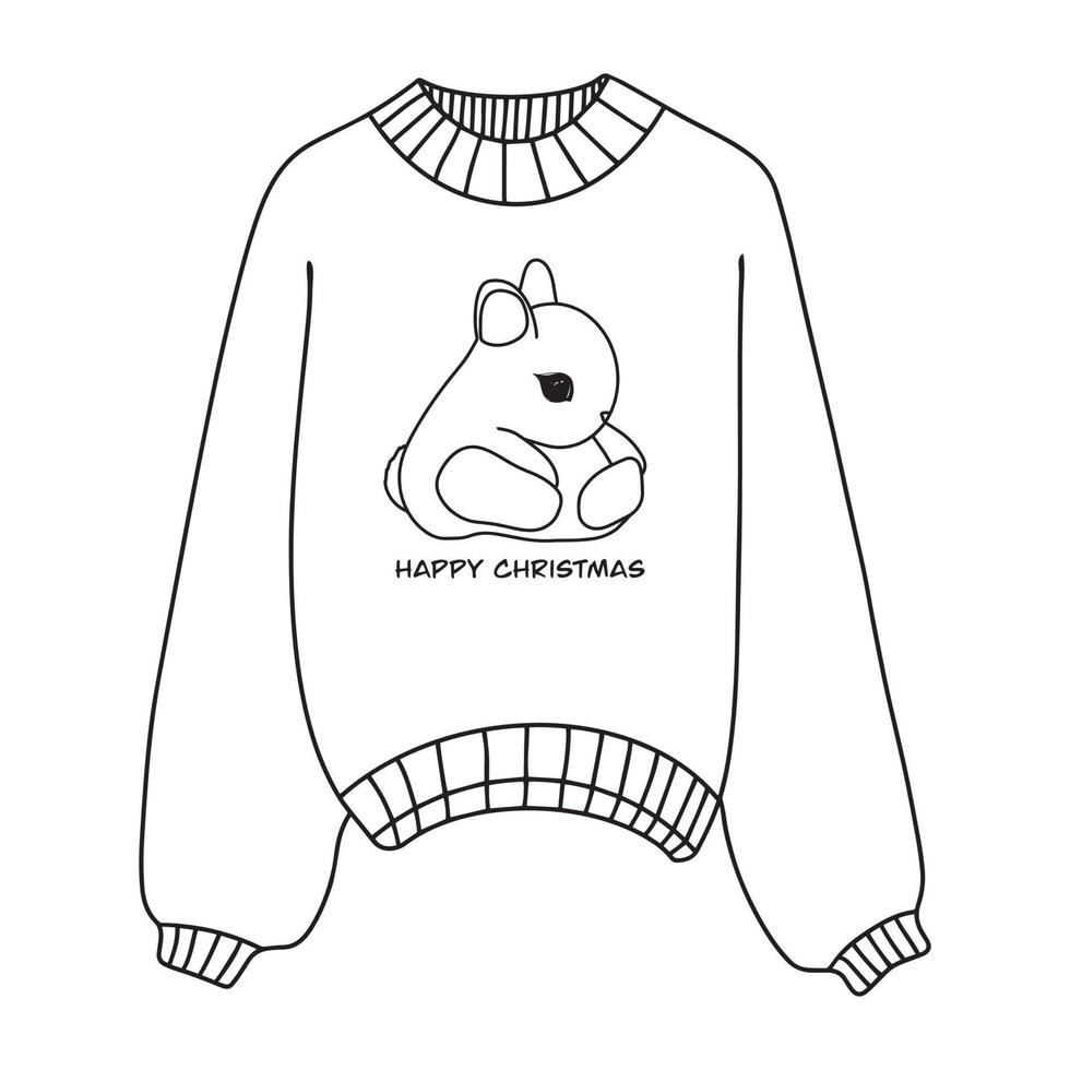 Linear winter sweater badge. Winter sweater with a cute rabbit - the symbol of 2023. Winter sweater icon with a thin line highlighted on a white background. Vector illustration