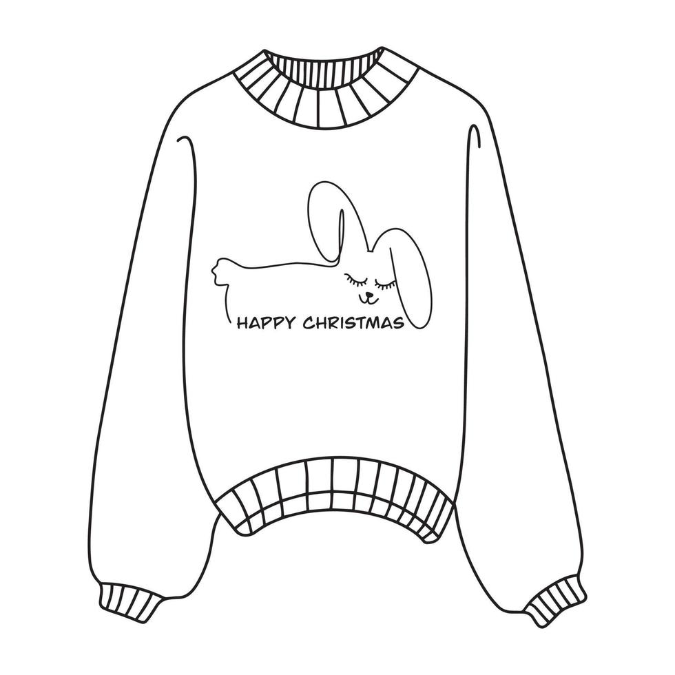 Linear winter sweater badge. Winter sweater with a cute rabbit - the symbol of 2023. Winter sweater icon with a thin line highlighted on a white background. Vector illustration