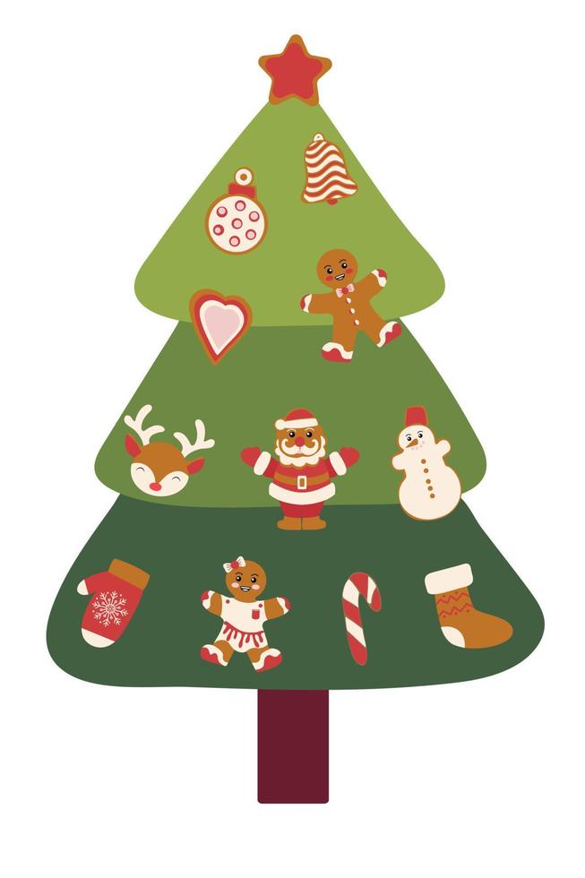 A festive Christmas tree decorated with gingerbread. Christmas tree. vector
