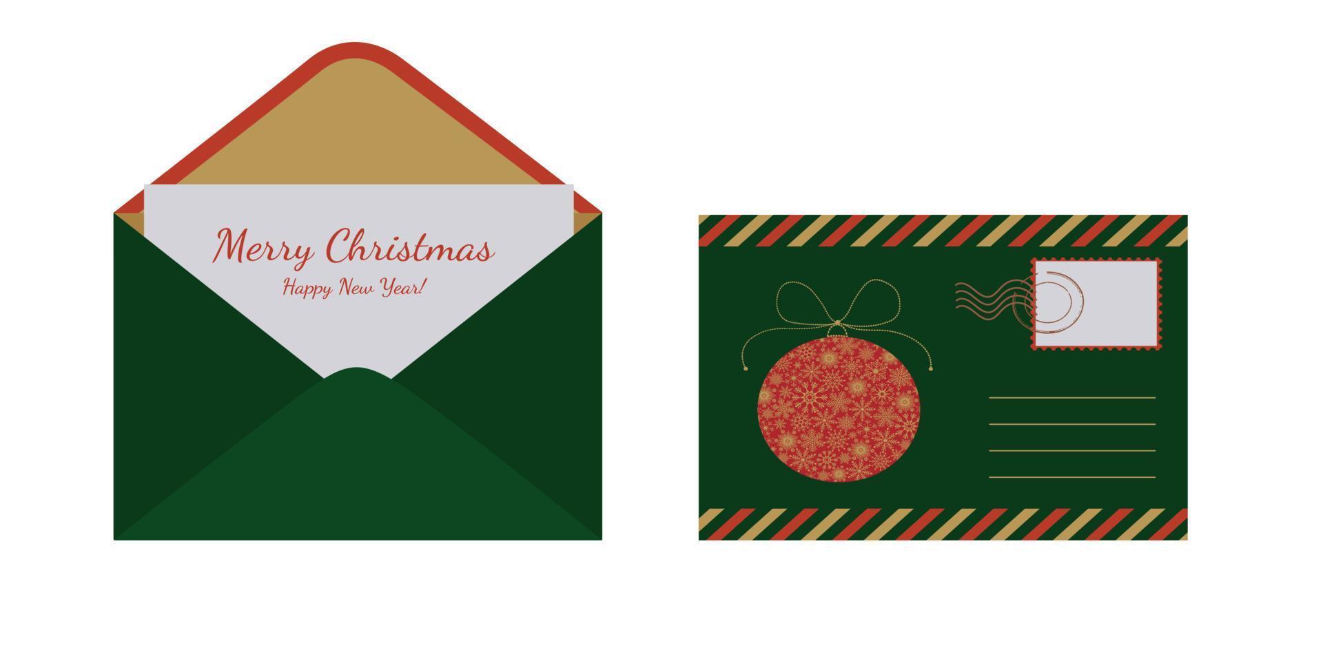 An envelope with a postcard and the inscription Merry Christmas and New Year. An envelope with a Christmas ball. Vector illustration