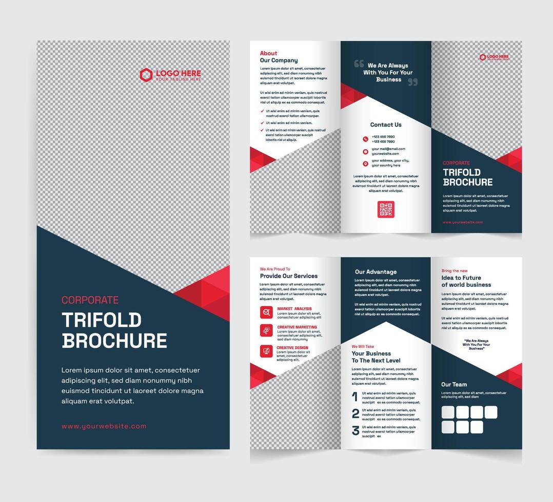 plantilla de folleto corporativo tríptico. diseño de vector de folleto tríptico moderno, creativo y profesional. diseño simple y minimalista con colores azul y rojo. folleto tríptico de negocios corporativos.