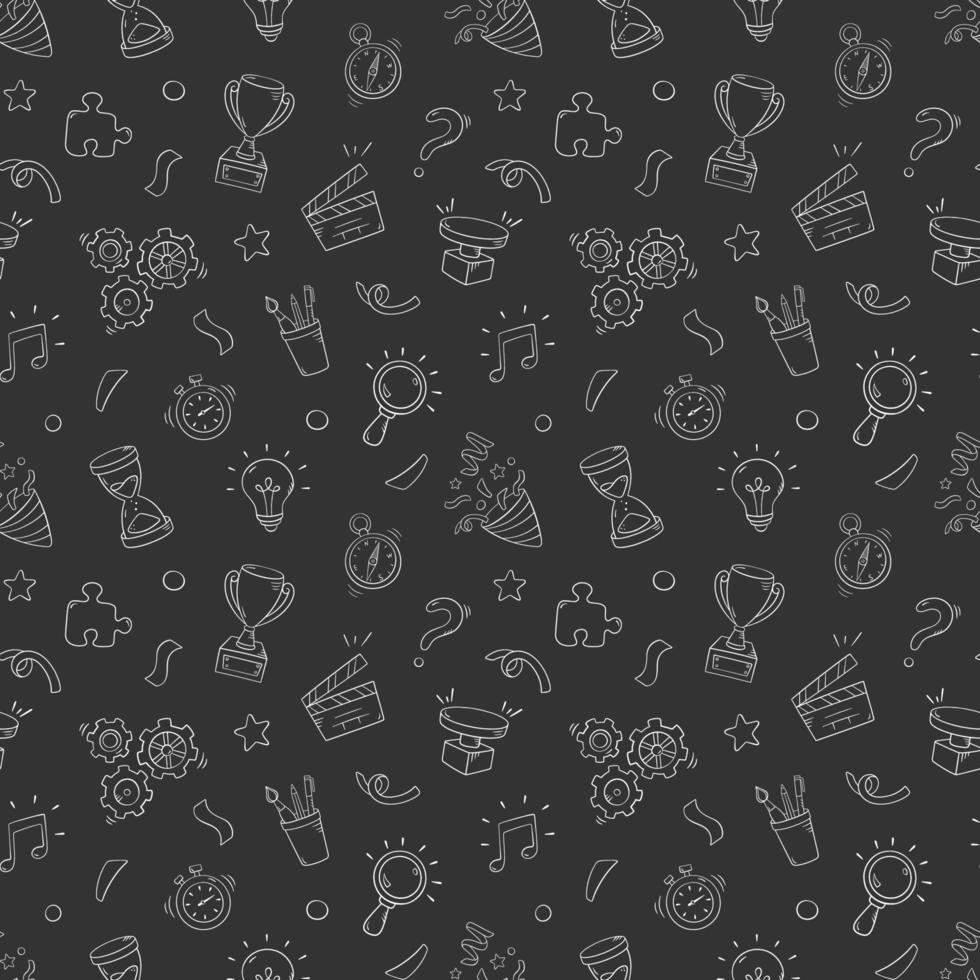 Quiz seamless pattern in doodle style, vector illustration. Back to school concept, stationery symbols on a white background. Pattern hand drawn for print and game quiz