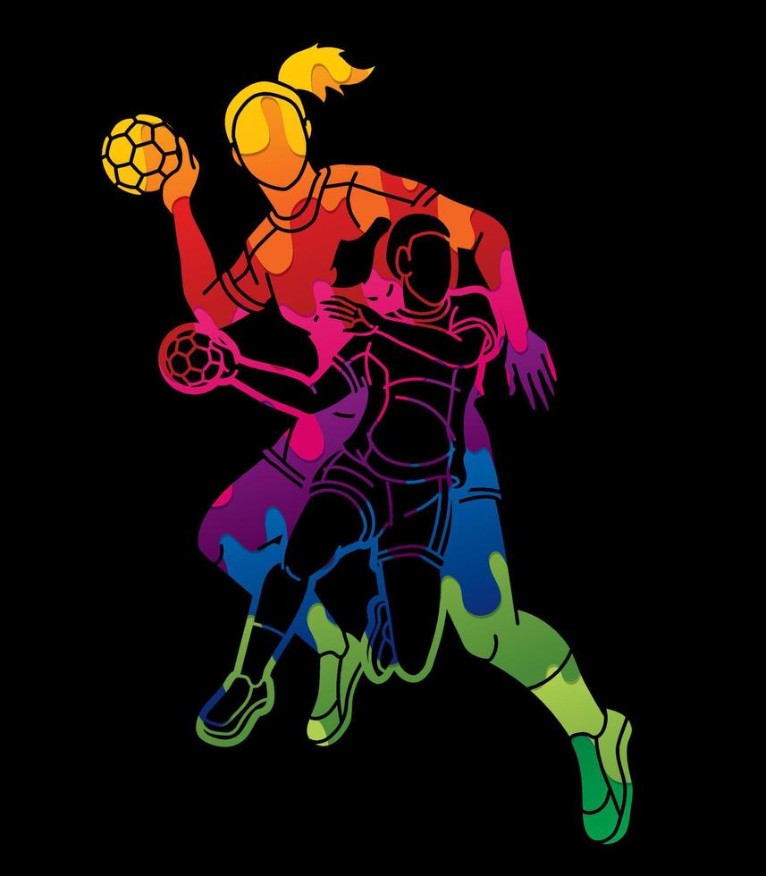 Group of Handball Female Players Action Graffiti vector