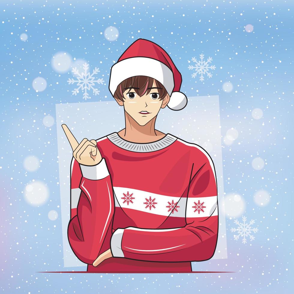 Cool young boy wearing Santa's xmas sweater is pointing something to the side vector illustration free download