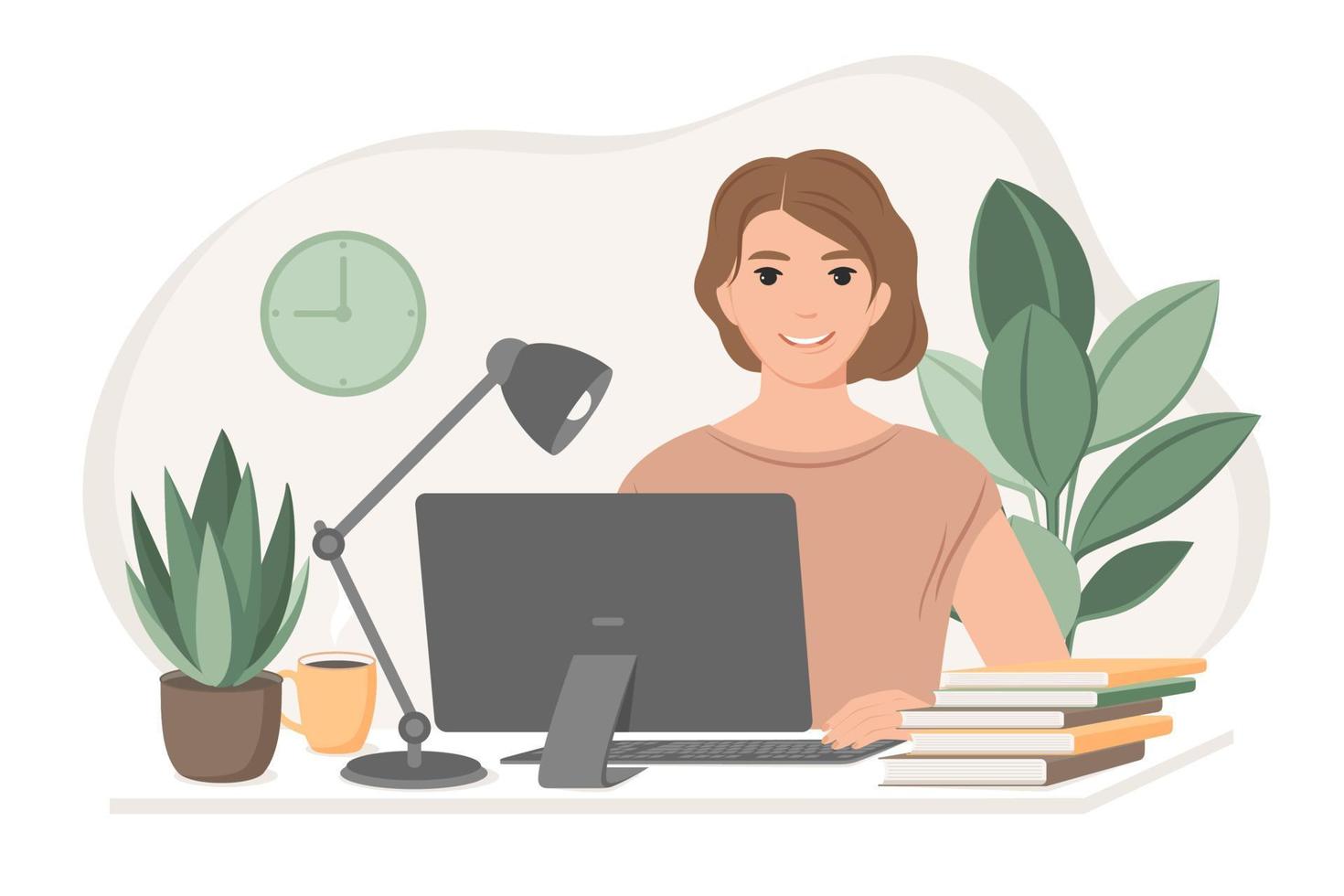 mujer estudiante preparándose para los exámenes usando cursos en línea, freelancer trabajando desde casa. concepto independiente, de estudio o de educación en línea. ilustración de estilo plano vectorial. vector