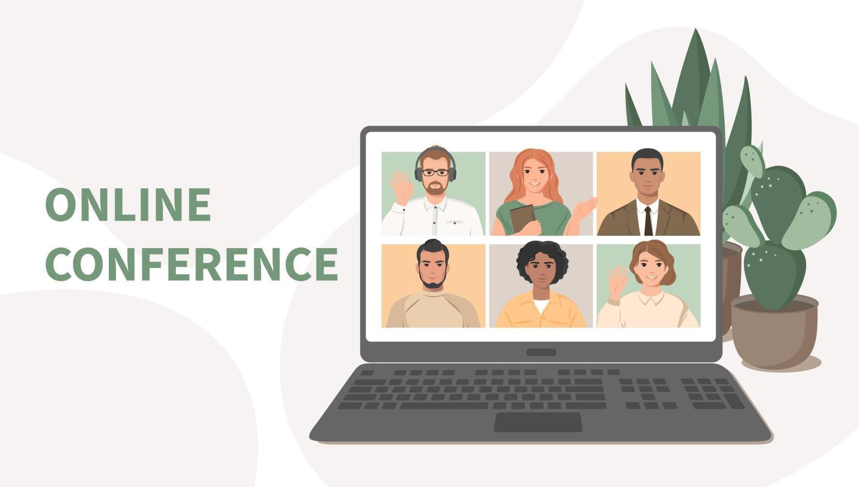 Online meeting via video conference. Group of different people talking by internet, web chatting. Online training, work from home, quarantine concept. Vector illustration in flat style.