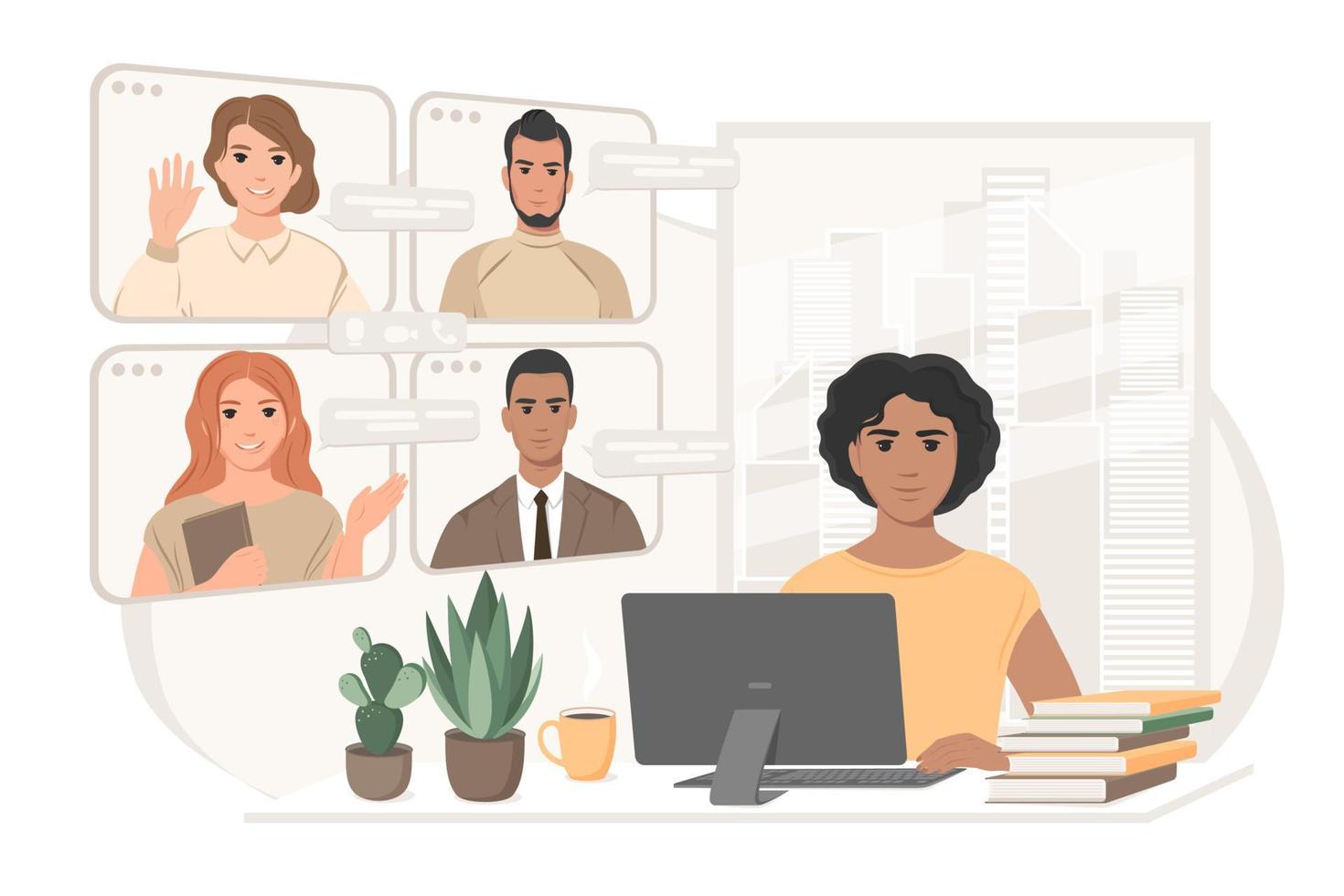 Online meeting via group call. Woman is working from home and meeting from colleagues or friends online via video conferencConcept working from home. Vector illustration in flat style.
