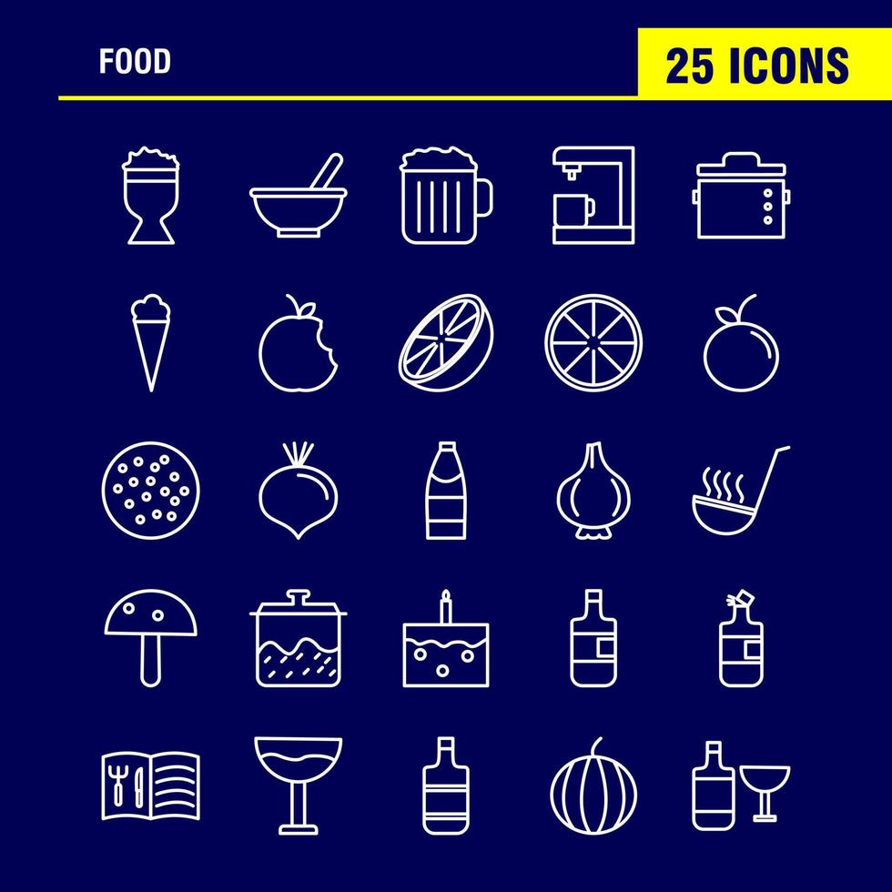 los iconos de la línea de alimentos establecidos para el kit de uxui móvil de infografía y el diseño de impresión incluyen hervidor de agua, olla de cocina, olla de comida, comida, comida, colección de cocina, logotipo infográfico moderno y vector de pictograma