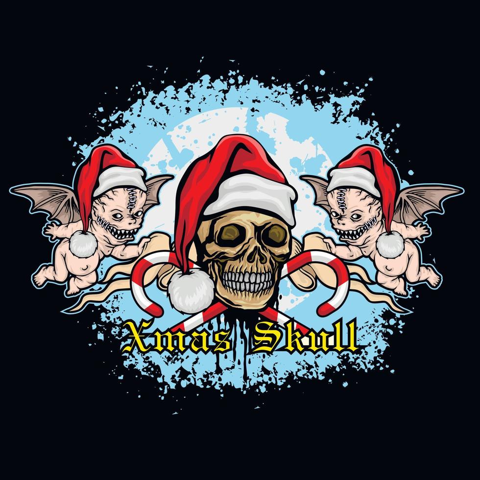 cartel de navidad con calavera en sombrero de navidad y ángeles feos, camisetas de diseño vintage grunge vector