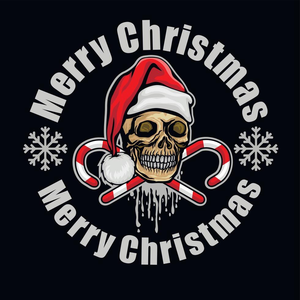 cartel de navidad con calavera en sombrero de navidad, camisetas de diseño vintage grunge vector