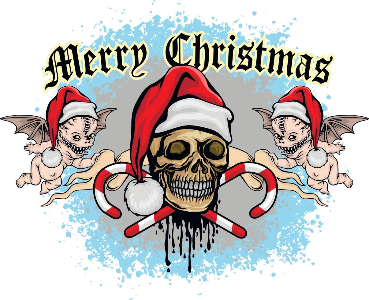 Xmas sign with skull in christmas hat and ugly angels, grunge vintage design t shirts vector
