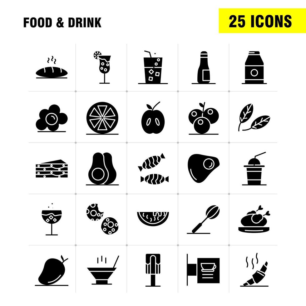 Food And Drink Solid Glyph Icons Set For Infographics Mobile UXUI Kit And Print Design Include Cocktail Glass Goblet Glass Wine Drink Baking Croissant Icon Set Vector