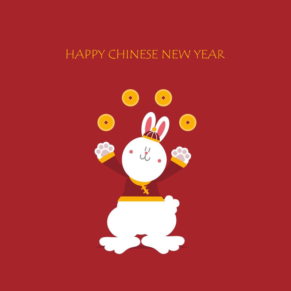 happy chinese new year with text, year of the rabbit zodiac, asian culture festival concept with gold in red background, flat vector illustration cartoon character design